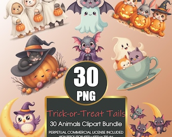 Kawaii Halloween Animal Clipart – 30 PNG Bundle (Digital Download)