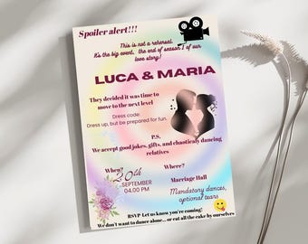 Lustige Hochzeitseinladung zum Ausdrucken, Vorlage CANVA. Bearbeitbare lustige Hochzeitseinladung. Zum digitalen Download.