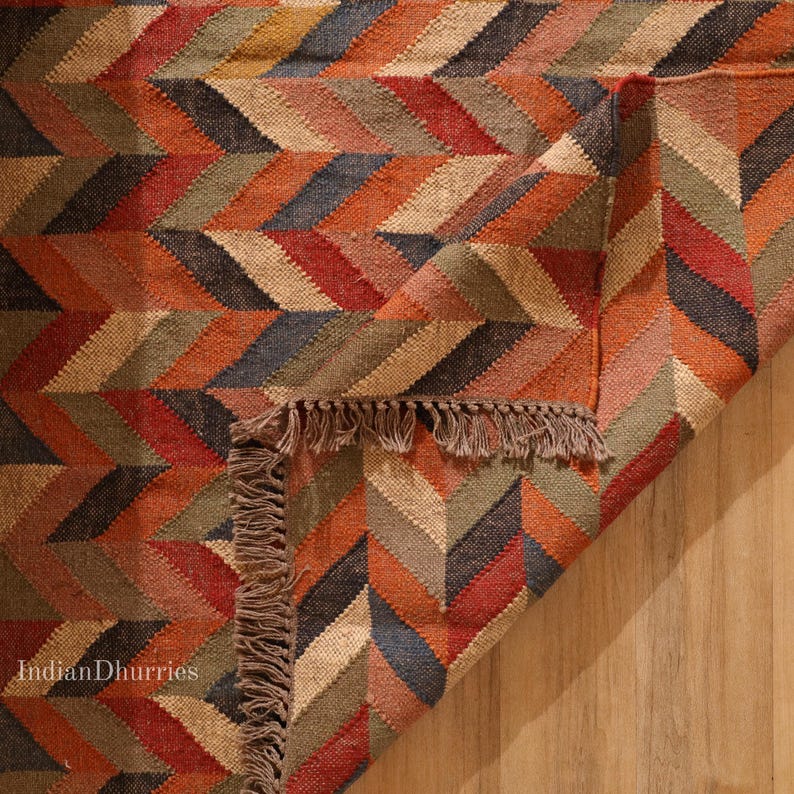 Indian Kilim rug, HandwovenWool Jute kilim Rug, Bohemain indian Jute Rug, Southwestern Nordic Kilim Rug, Rustic Jute Rug