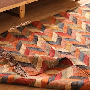 Indian Kilim rug, HandwovenWool Jute kilim Rug, Bohemain indian Jute Rug, Southwestern Nordic Kilim Rug, Rustic Jute Rug