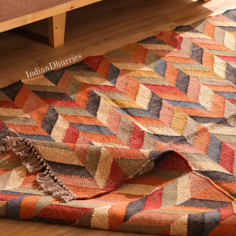 Indian Kilim rug, HandwovenWool Jute kilim Rug, Bohemain indian Jute Rug, Southwestern Nordic Kilim Rug, Rustic Jute Rug