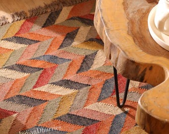 Handwoven Wool Jute Kilim Rug, Traditional Indian Dhurrie, Custom Size