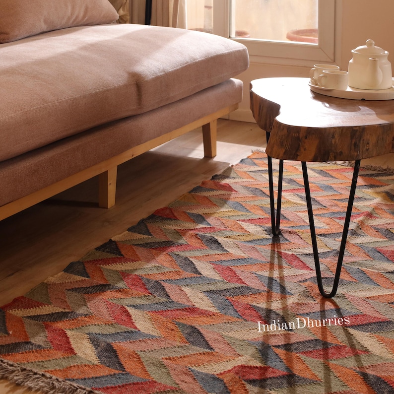Indian Kilim rug, HandwovenWool Jute kilim Rug, Bohemain indian Jute Rug, Southwestern Nordic Kilim Rug, Rustic Jute Rug