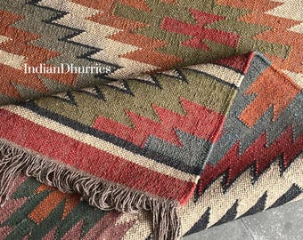 Handwoven Wool Jute Kilim Rug, Bohemian Nordic Design