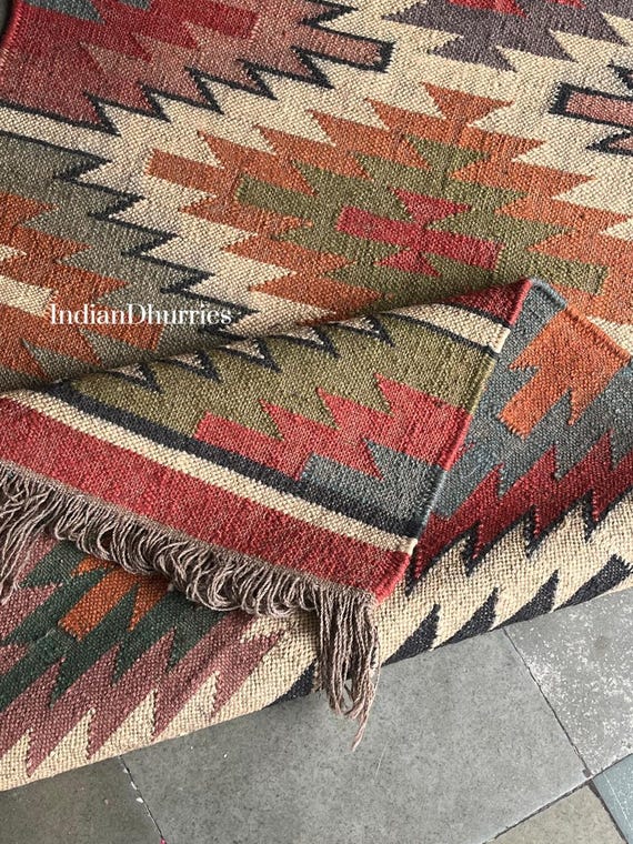 Handwoven Wool Jute Kilim Rug, Bohemian Nordic Design