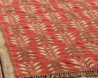Handwoven Wool Jute Kilim Rug, Red Bohemian Dhurrie