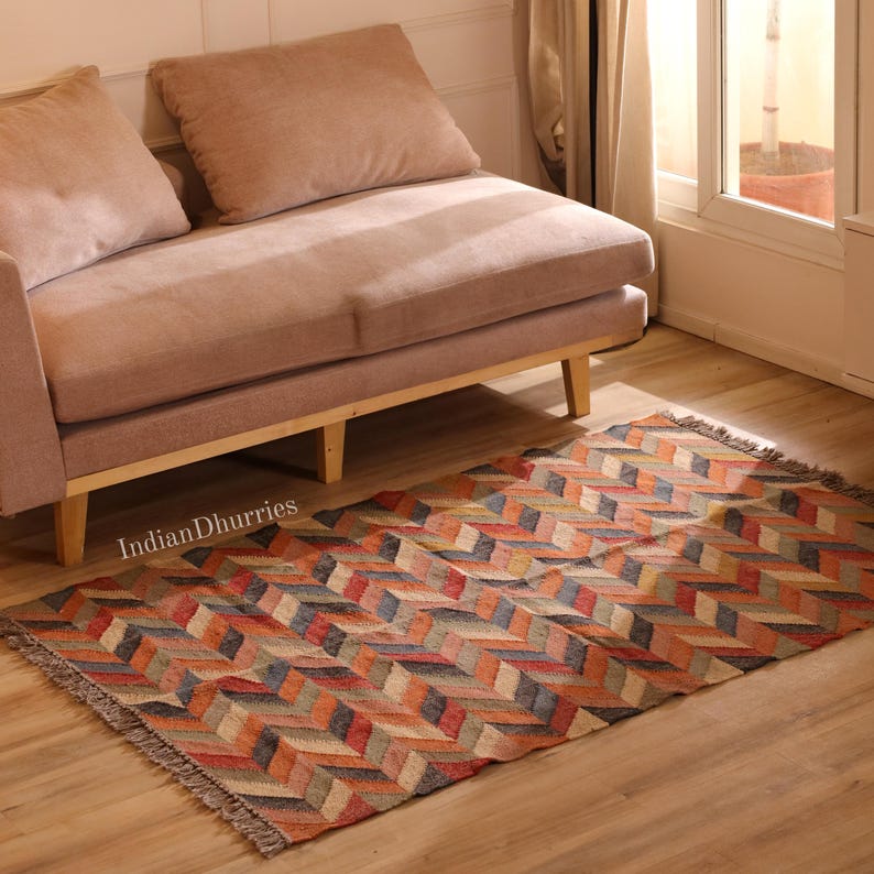 Indian Kilim rug, HandwovenWool Jute kilim Rug, Bohemain indian Jute Rug, Southwestern Nordic Kilim Rug, Rustic Jute Rug