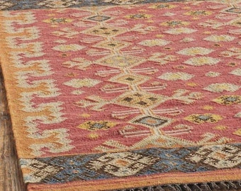 Handgewebter Kelim Teppich - Boho Kelim Dhurrie, Flachgewebe Kelim Teppich, Handgewebter Wollteppich, Türkischer Kelim Teppich, Boho Deko Teppich