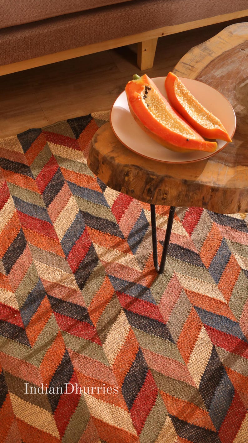 Indian Kilim rug, HandwovenWool Jute kilim Rug, Bohemain indian Jute Rug, Southwestern Nordic Kilim Rug, Rustic Jute Rug