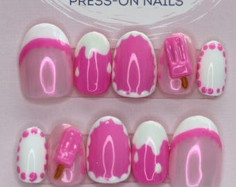 Popsicle Press On Nails: Hand-Painted 3D Ice Cream Drip Nail Art