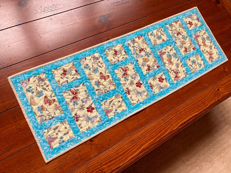 Blue and Yellow Floral with Butterflies Quilted Table Runner image 1