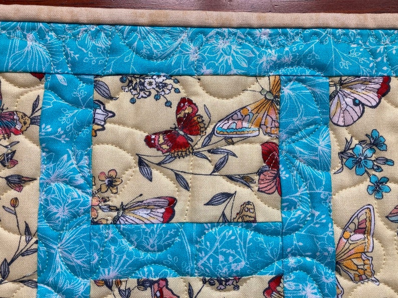 Blue and Yellow Floral with Butterflies Quilted Table Runner image 3