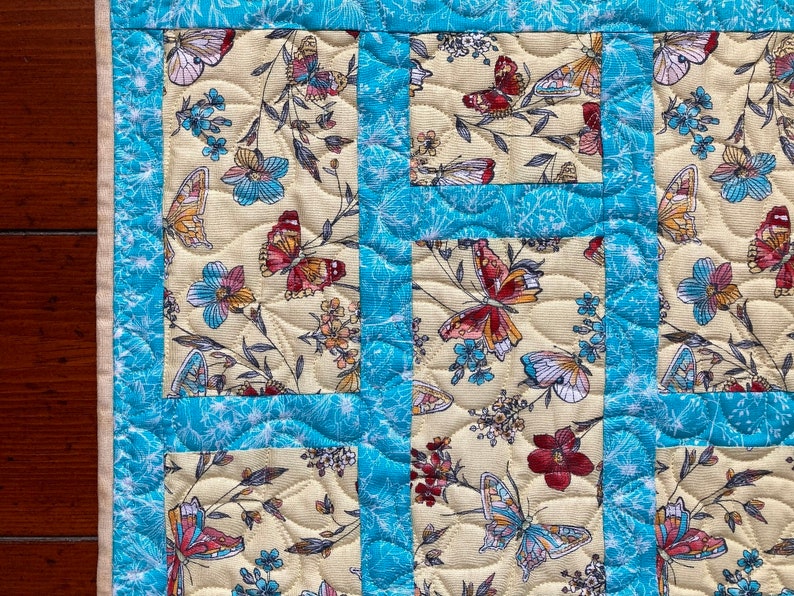 Blue and Yellow Floral with Butterflies Quilted Table Runner image 5