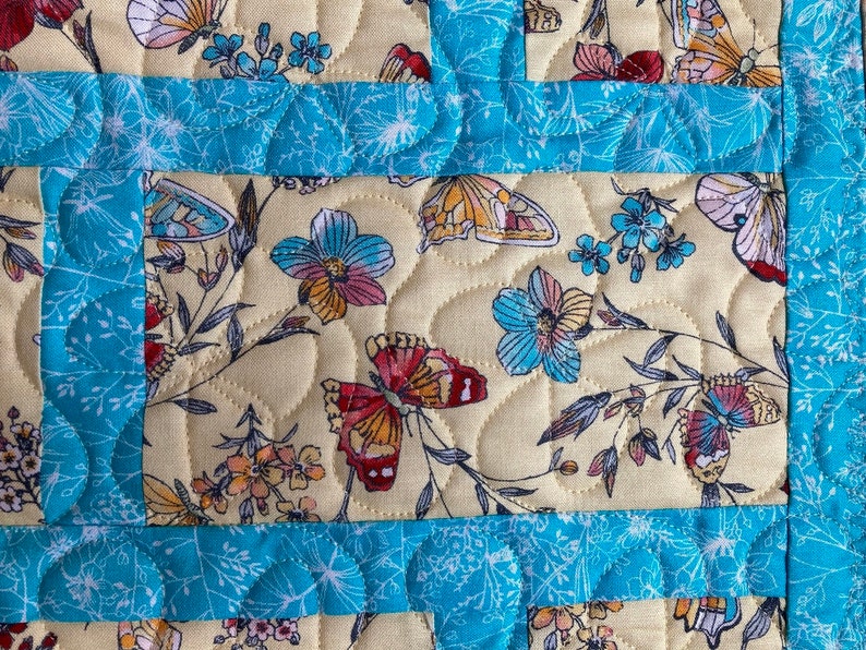 Blue and Yellow Floral with Butterflies Quilted Table Runner image 2