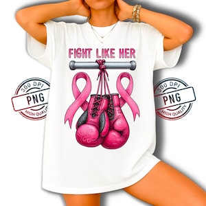 Fight Like Her Boxing Gloves PNG | Breast Cancer Awareness Ribbon Digital Design | Pink Strength Sublimation Illustration