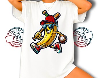 May include: White t-shirt with a cartoon banana character wearing a baseball cap and sunglasses, holding a bat and baseball. The banana is smiling and wearing red trainers. The image has a "300 DPI PNG HIGH QUALITY" stamp.