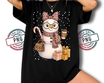 Funny Leopard Snowman PNG, Winter Coffee Snow Lady Christmas Gifts Design for Shirts & Crafts