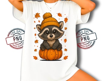 Herbst Waschbär PNG | Kürbis, Mütze, Laubblatt (Digitaler Download)