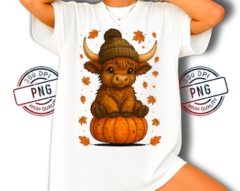 Fall Highland Cow PNG: Autumn Pumpkin, Leaves Design (Digital Download