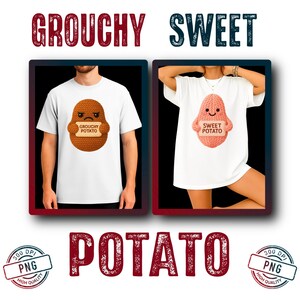 Op de afbeelding: Twee witte T-shirts met aardappelontwerpen. Eén toont een bruine aardappel met een bordje "Grouchy Potato". De andere heeft een roze aardappel met een bordje "Sweet Potato". Het woord "Potato" is in het rood geschreven.