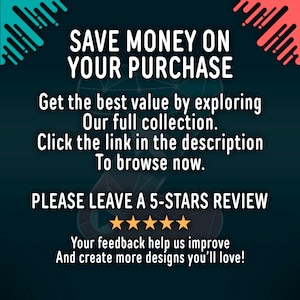 May include: A promotional graphic with the text "SAVE MONEY ON YOUR PURCHASE." It encourages viewers to explore the full collection and click a link. It also asks for a 5-star review and thanks customers for their feedback.
