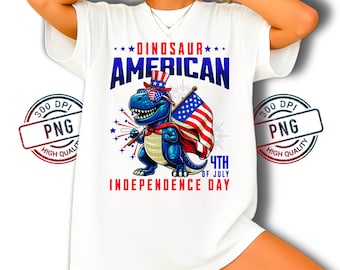 Patriotyczny T-Rex 4 lipca PNG: Projekt flagi USA z dinozaurem (pobranie cyfrowe)