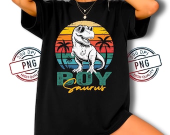 Retro Dinosaur Family PNG: Chłopiec Saurus T-Rex Sunset Design (Pobieranie cyfrowe)
