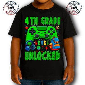 Funny Back to School Gamer PNG for 4th Grade Kids, Level Unlocked Green Controller Backpack Design