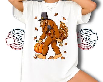 Funny Thanksgiving Bigfoot Pilgrim PNG: Turkey Ride, Pumpkin Design (Digital Download)