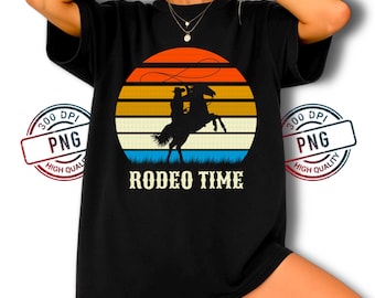 Cowboy Rodeo PNG: Projekt retro jazdy konnej o zachodzie słońca (pobranie cyfrowe)
