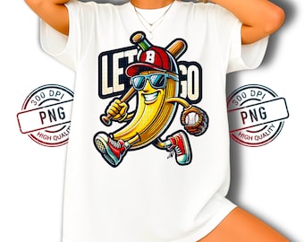 May include: White t-shirt with a cartoon banana wearing sunglasses, a baseball cap, and trainers, holding a baseball bat and glove. The text "LET'S GO" is above the banana. The design is in a cartoon style.