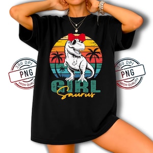 Retro Mädchen Dinosaurier PNG: T-Rex Familie Sonnenuntergang Design (Digitaler Download)