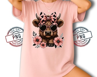 Highland Cow PNG: Pink Bow, Floral Sunglasses (Digital Download