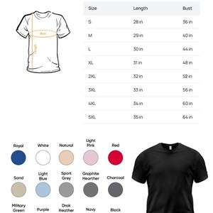 以下が含まれることがあります： 黒色のユニセックスTシャツ。サイズと色のチャートが記載されています。チャートにはSから5XLまでのサイズがインチで表示されています。カラーオプションには、ロイヤル、ホワイト、ナチュラル、ライトピンク、レッドなどがあります。