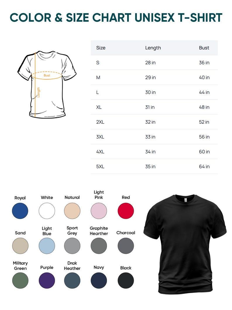 以下が含まれることがあります： 黒色のユニセックスTシャツ。サイズと色のチャートが記載されています。チャートにはSから5XLまでのサイズがインチで表示されています。カラーオプションには、ロイヤル、ホワイト、ナチュラル、ライトピンク、レッドなどがあります。