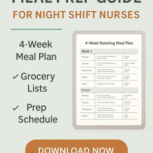 May include: A meal prep guide for night shift nurses. The image features a 4-week meal plan, grocery lists, and a prep schedule. The text includes "30-DAY MEAL PREP GUIDE" and "DOWNLOAD NOW".