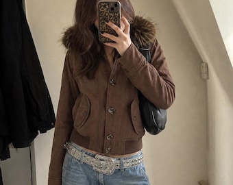 Y2K Brown Faux Fur Hood Jacket Fitted Utility Coat 2000s Grunge Winter Jacket Downtown Girl Alternative Outerwear