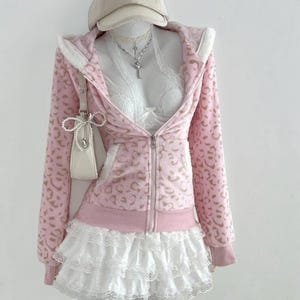 Felpa con zip leopardata rosa stile Y2K, coquette, estetica soft girl, bordo in pelliccia sintetica, giacca carina