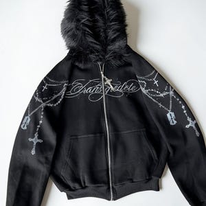 Fell Kapuze Zip Hoodie Dark Street Cross Print Jacke Y2K Alt Grunge Oversized Hoodie