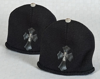 Gorro de punto negro con cruz CH, estilo urbano, unisex, estilo punk, grunge, para invierno, moda alternativa.