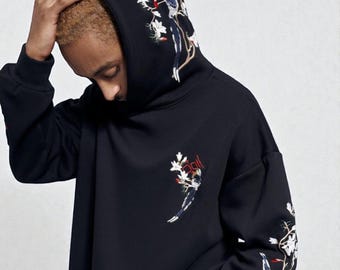 Sudadera con capucha bordada con flores, estilo cottagecore, sudadera vintage con bordado de flores, cómoda y extragrande.