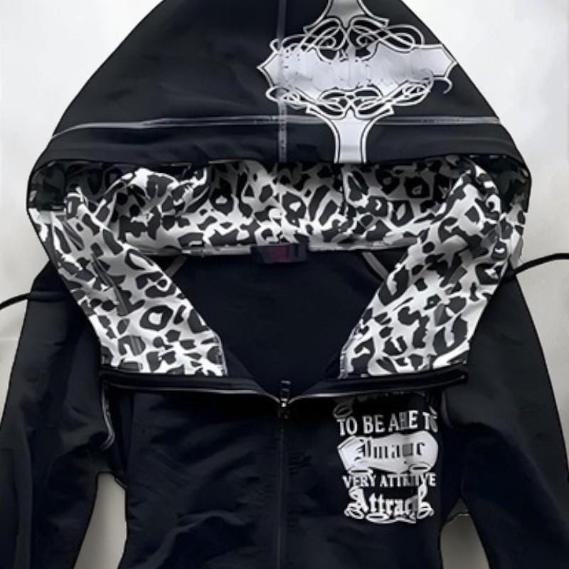 Y2K Zip up Hoodie Graphic Leopard Lined Hood Alt Grunge Streetwear