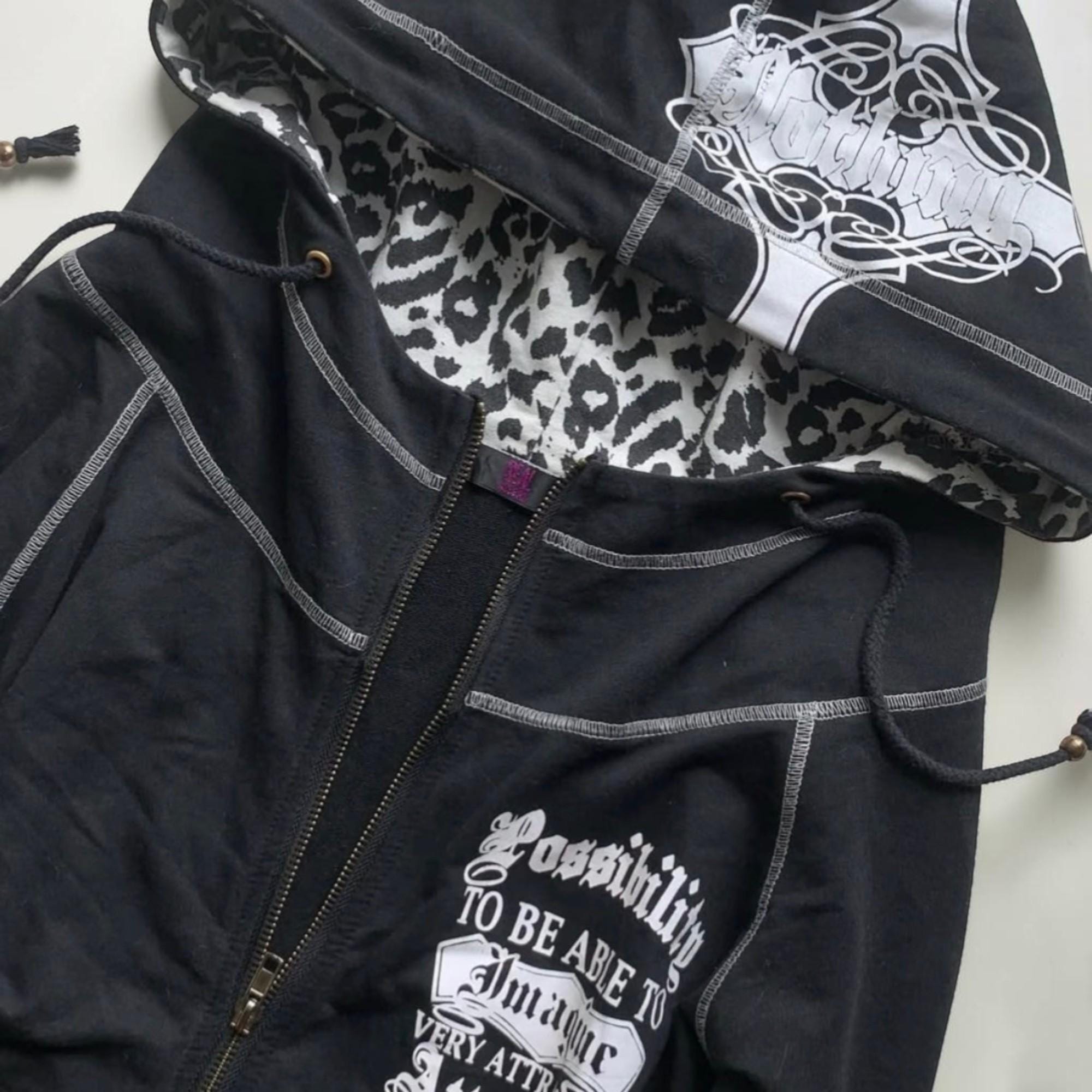 Y2K Zip up Hoodie Graphic Leopard Lined Hood Alt Grunge Streetwear
