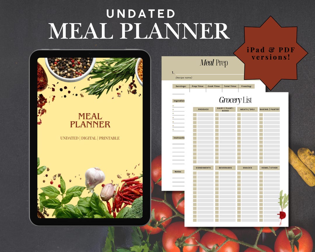 Undated Meal Planner Printable & Digital iPad Planner Grocery List Meal ...