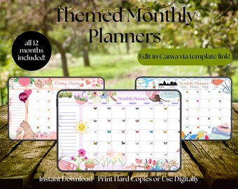 Paquete de planificadores mensuales digitales temáticos, calendario imprimible para la organización del aula, ideal para profesores, estudiantes y niños.