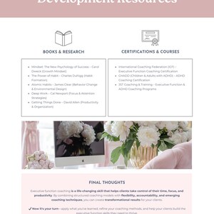 Pu&ograve; includere: Grafica promozionale con il testo "Further Learning & Professional Development Resources". Elenca libri, ricerche, certificazioni e corsi relativi al coaching delle funzioni esecutive. L'immagine include un computer, fiori e testo.