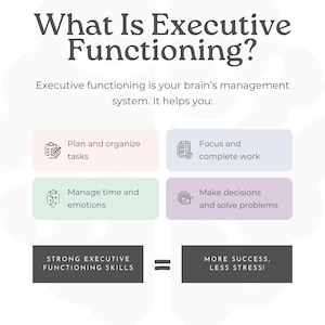 May include: An infographic with the title "What Is Executive Functioning?" lists how executive functioning helps with planning, organizing, focusing, managing time, and making decisions. The graphic states that strong executive functioning skills lead to more success and less stress.