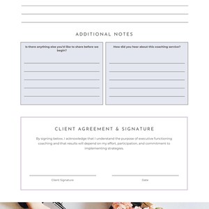 K&ouml;nnte beinhalten: Ein wei&szlig;es Coaching-Formular mit Abschnitten f&uuml;r Fragen, zus&auml;tzliche Notizen und eine Kundenvereinbarung. Das Formular enth&auml;lt Zeilen f&uuml;r die Unterschrift des Kunden und das Datum. Ein Laptop und Blumen sind im Hintergrund zu sehen.