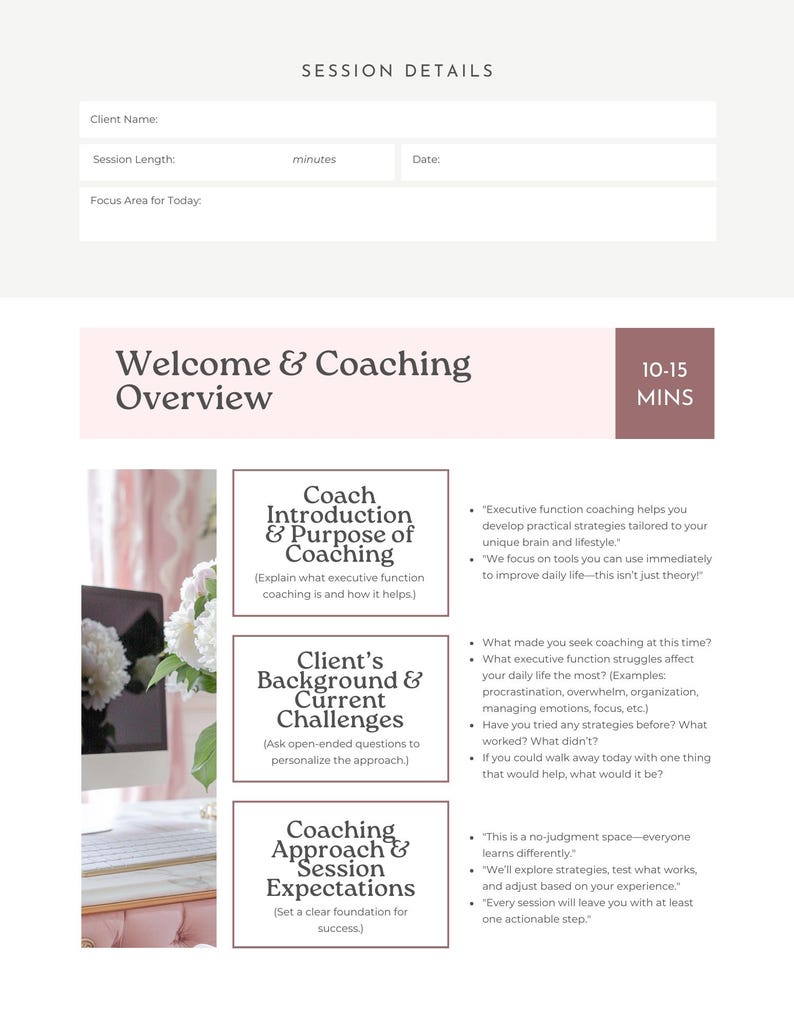 Pode incluir: Um documento de detalhes da sess&atilde;o com o t&iacute;tulo "Welcome & Coaching Overview" e se&ccedil;&otilde;es sobre introdu&ccedil;&atilde;o ao coaching, hist&oacute;rico do cliente e expectativas da sess&atilde;o. O documento usa um esquema de cores claro e inclui o texto "10-15 MINS".