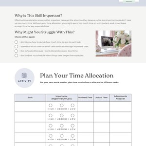 May include: A time management worksheet, titled "Allocating Time Effectively", with sections on time allocation and task planning. Features a table for planning tasks, including importance, planned and actual time, and adjustments.